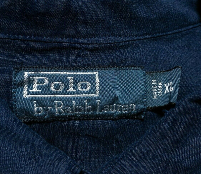 Polo Ralph Lauren Linen Silk Blend Shirt Safari Navy Blue Button-Front Men's XL