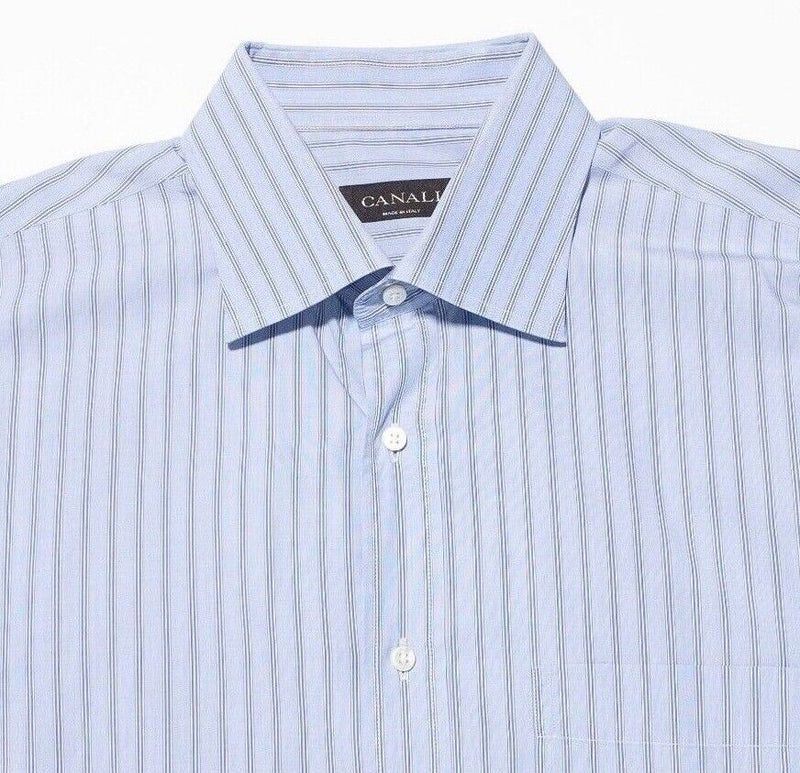 Canali Shirt 16.5 (42cm) Men's Dress Shirt Light Blue Striped Long Sleeve Italy