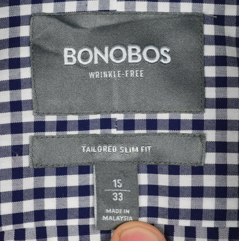 Bonobos Wrinkle-Free Men's 15/33 Tailored Slim Fit Navy Blue Gingham Dress Shirt