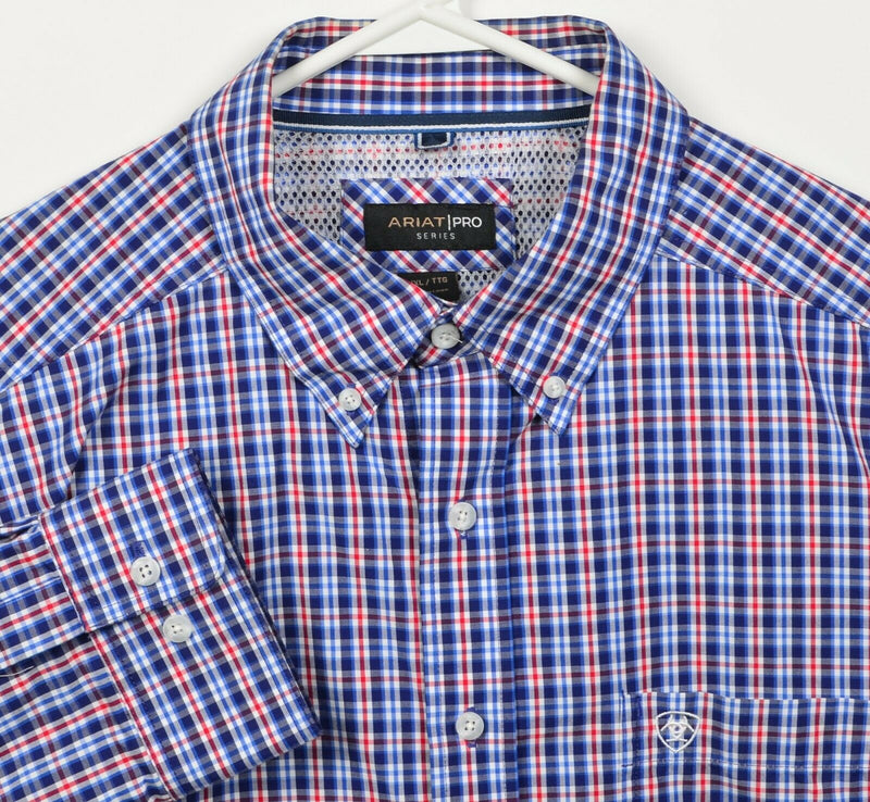 Ariat Pro Series Men's 2XL Blue Red Plaid Western Rodeo Cowboy Button-Down Shirt