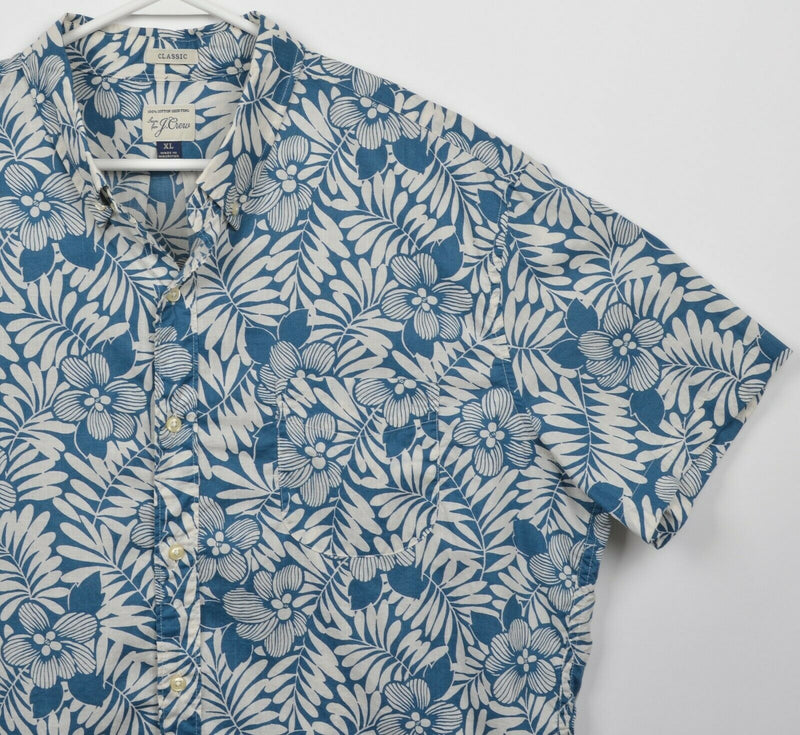 J. Crew Men's XL Classic Fit Blue White Floral Leaf Print S/S Button-Down Shirt