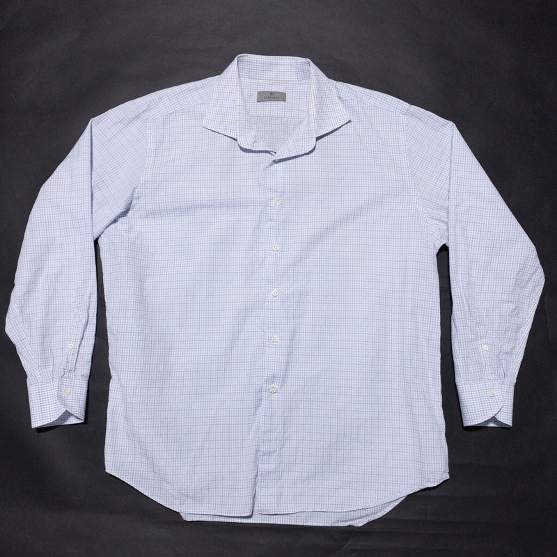 Canali Dress Shirt Men's 18.5 White Blue Purple Graph Check Spread Collar