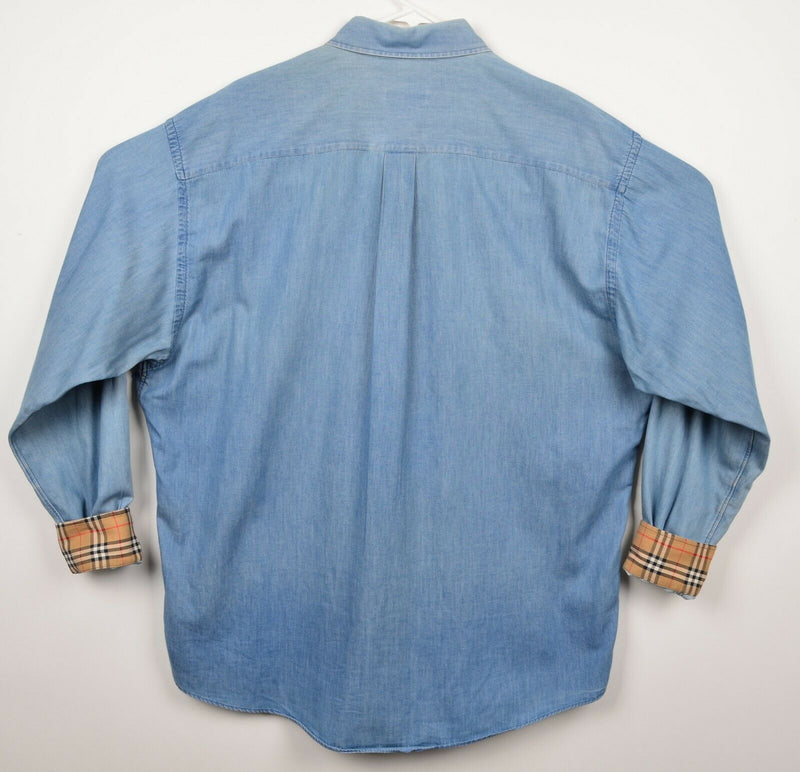 Vintage 90s Burberry London Men's Sz XL Denim Nova Check Flip Cuff Shirt