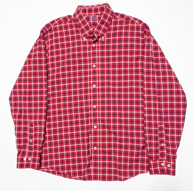 Brooks Brothers Shirt Men's Large Nylon Blend Wicking Red Check Button-Down