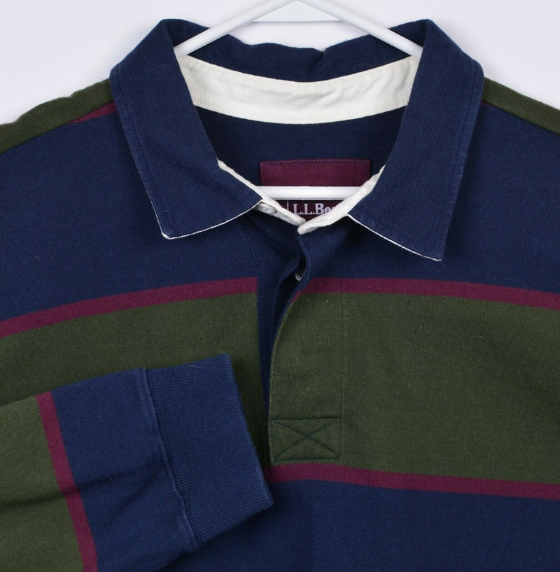 LL Bean Men's 2XL Green Navy Blue Chunky Stripe Rugby Polo Shirt