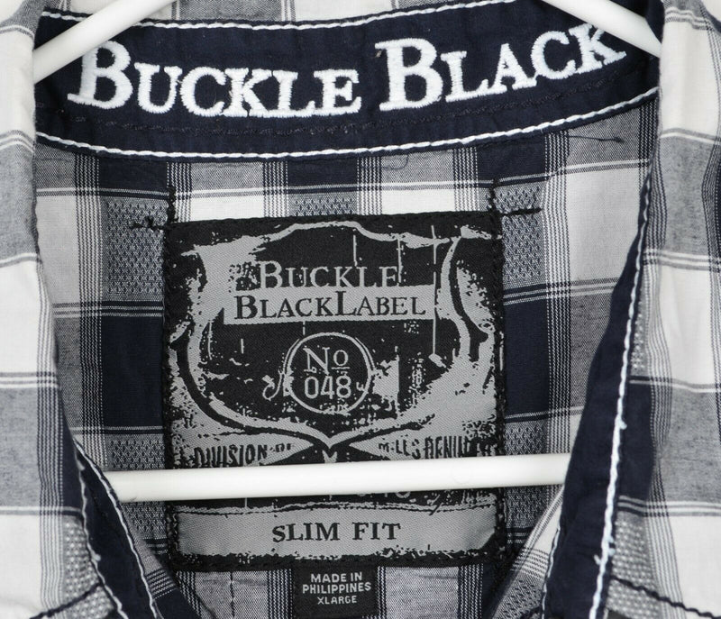 Buckle Black Men's Sz XL Slim Fit Snap Front White Black Plaid Rockabilly Shirt