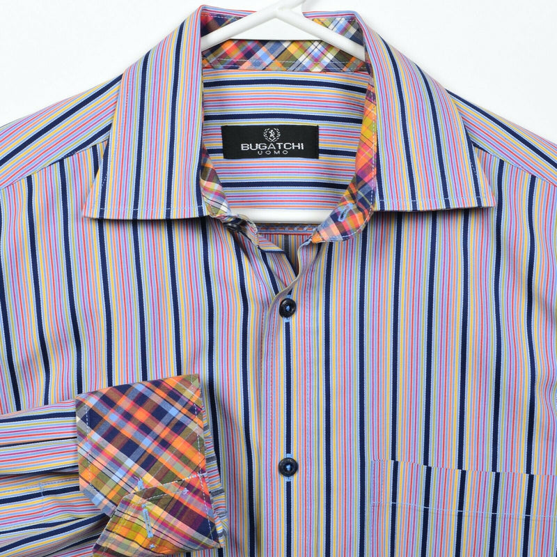 Bugatchi Uomo Men's Medium Flip Cuff Pink Multi-Color Striped Button-Front Shirt