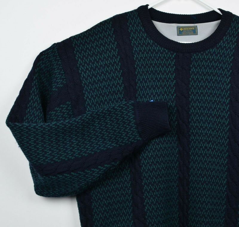 Descente Men's Large 100% Wool Green Navy Cable-Knit Lined Golf Sweater