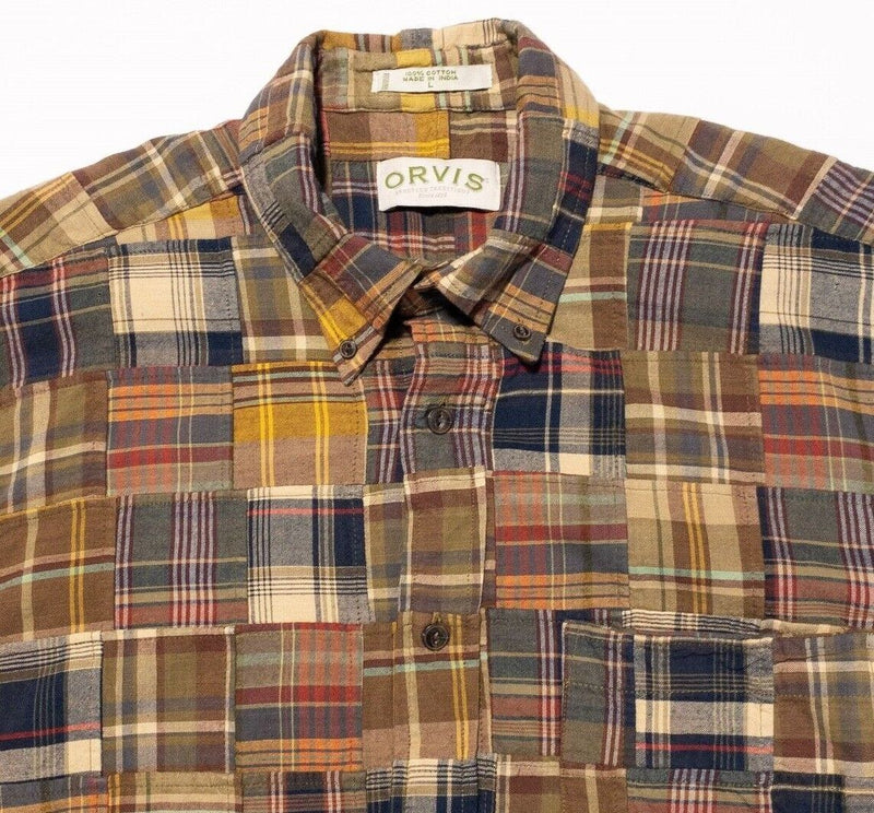 Orvis Patchwork Shirt Large Men's Plaid Quilted Colorful Button-Down Vintage 90s