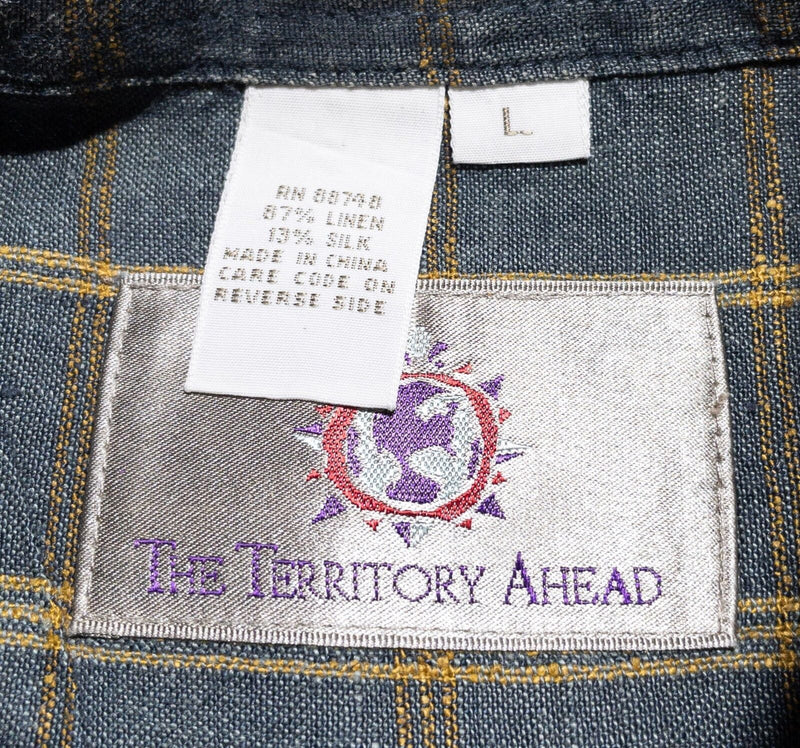 Territory Ahead Linen Silk Shirt Men's Large Button-Up Blue/Gray Plaid 90s