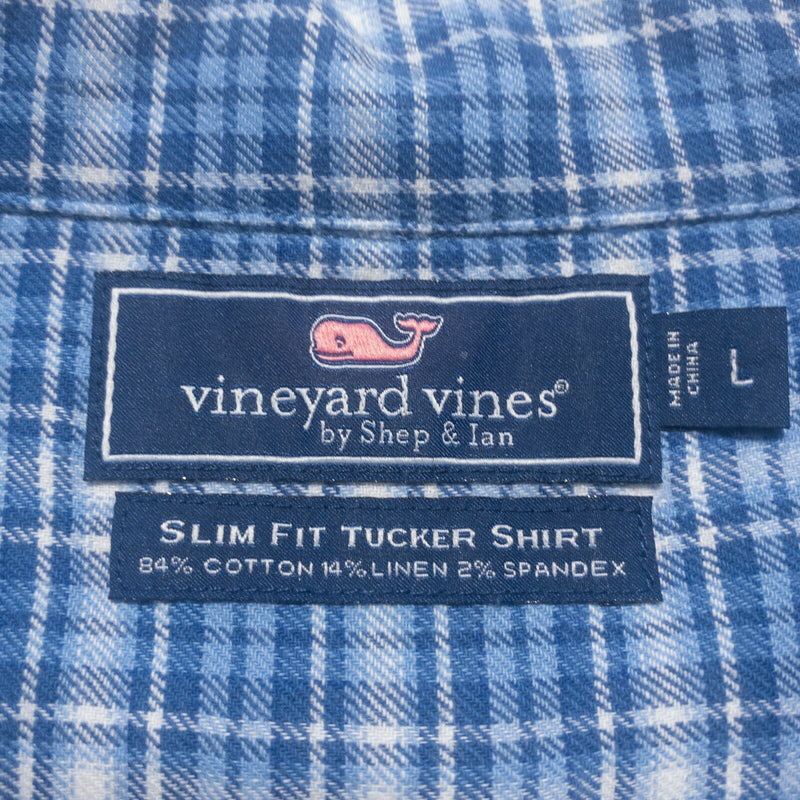 Vineyard Vines Men Large Slim Fit Tucker Blue Plaid Cotton Linen Blend Shirt