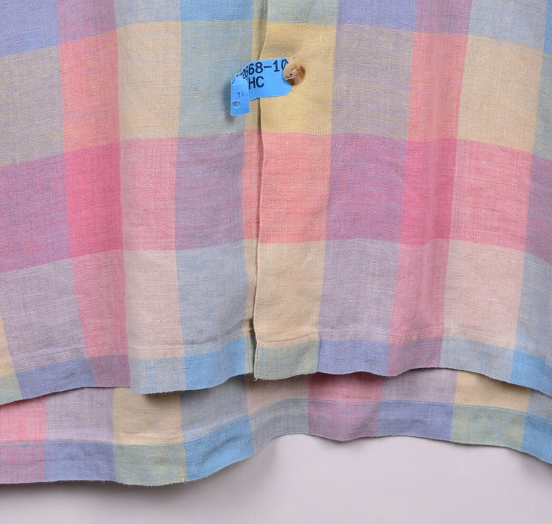 Paul Frederick Men's Sz XL 100% Linen Multicolor Rainbow Plaid Check Shirt