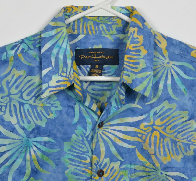 Pete Huntington Men's Medium Blue Green Floral Leaf Print Hawaiian Shirt