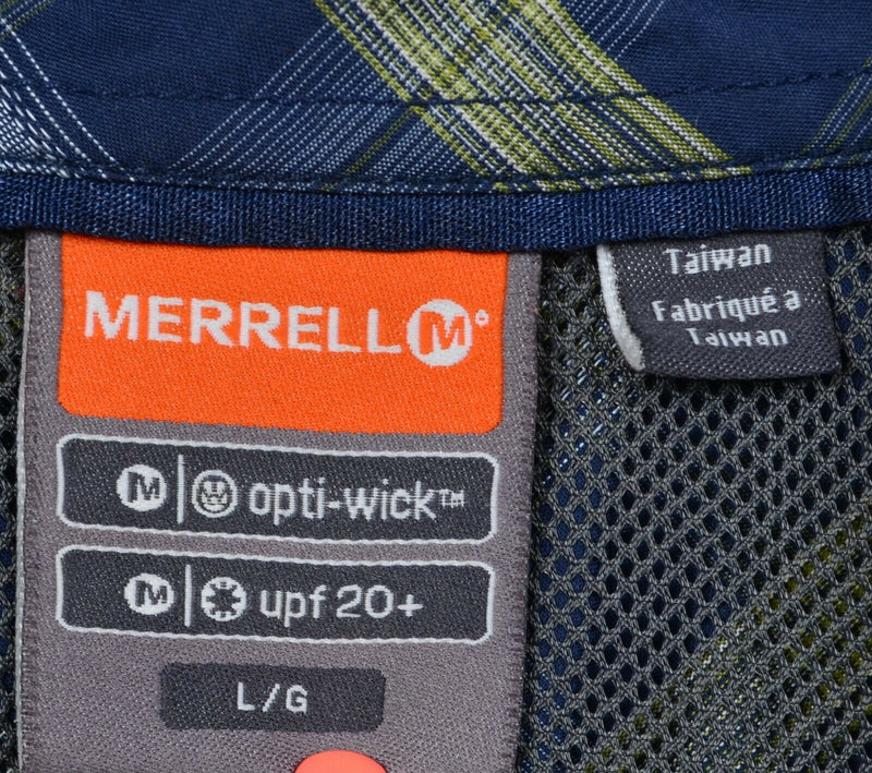 Merrell Pearl Snap Opti-Wick Navy Blue Plaid Hiking Travel Shirt Men's Large