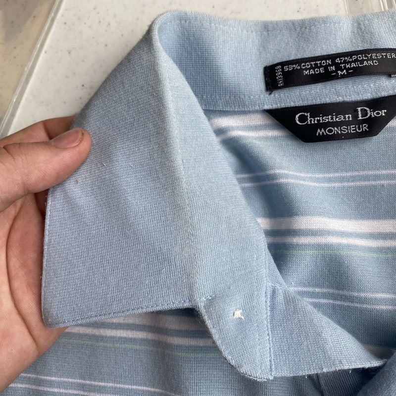 Vintage 80s Christian Dior Men's Medium Blue Striped Logo Pocket Polo Shirt