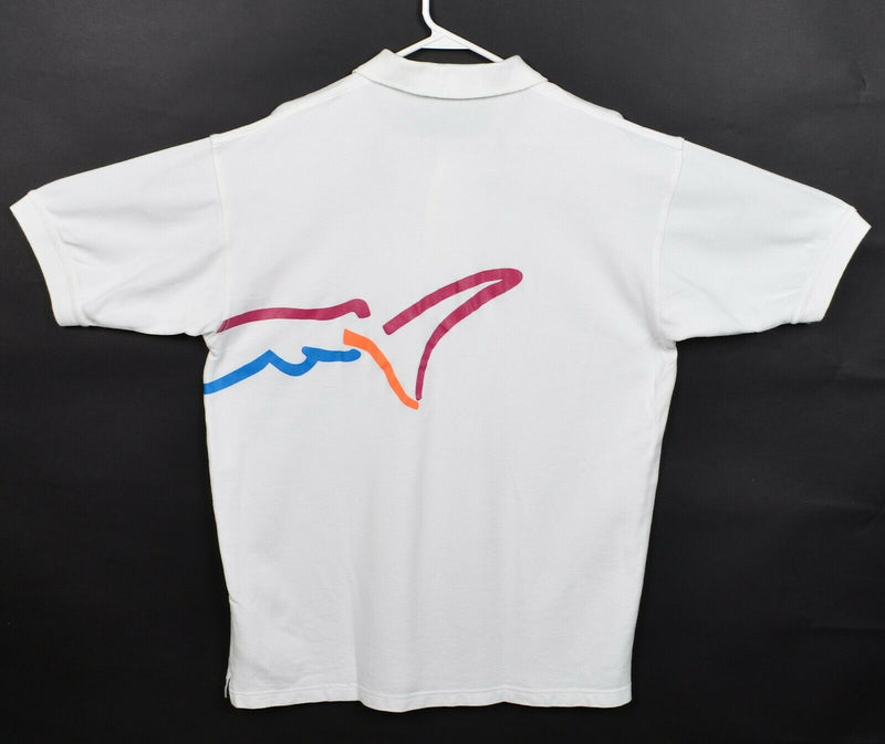 Vintage 90s Greg Norman Men's Large Shark Wraparound White Golf Polo Shirt