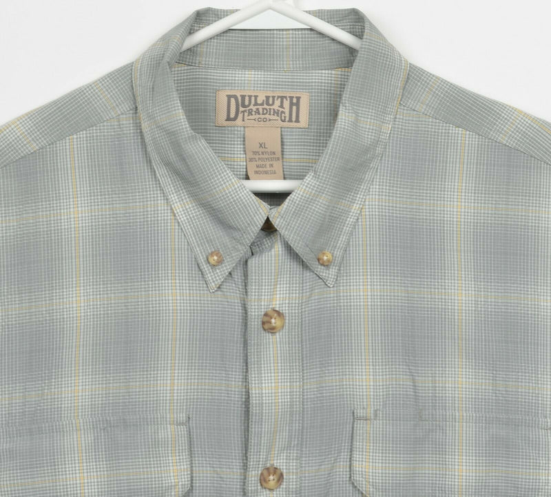 Duluth Trading Co. Men's XL Gray Yellow Plaid Fishing Travel Button-Front Shirt