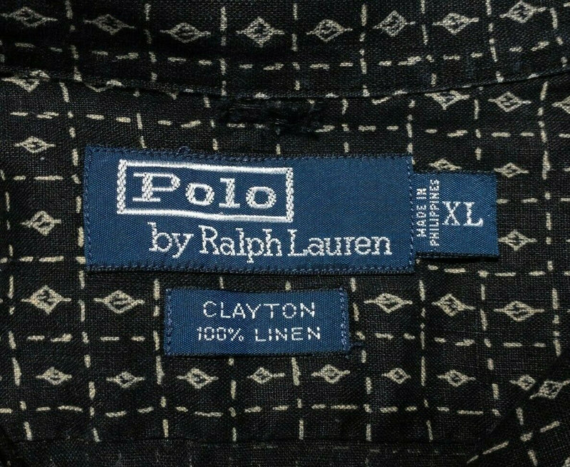 Polo Ralph Lauren Linen Shirt XL Men's Clayton Black Geometric Camp 90s Vintage