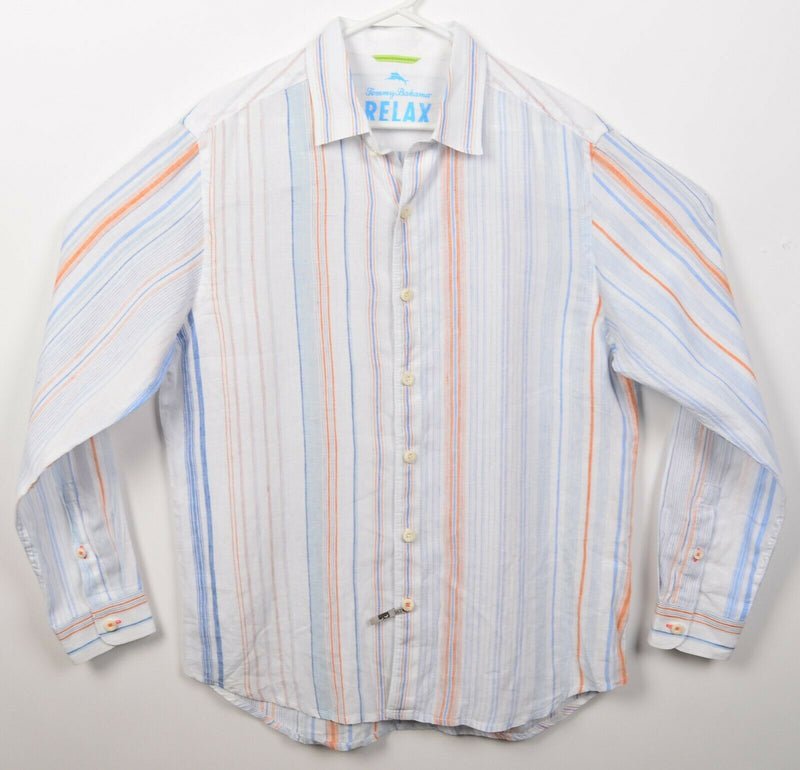 Tommy Bahama Relax Men's Medium 100% Linen White Blue Orange Striped Shirt