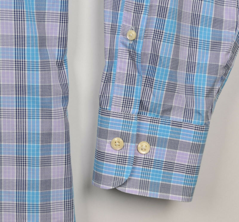 Peter Millar Men's Sz Large Purple Blue Houndstooth Plaid Spread Collar Shirt