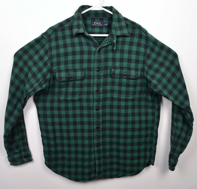 Polo Ralph Lauren Men's Large Green Black Check Loop Collar Flannel Shirt