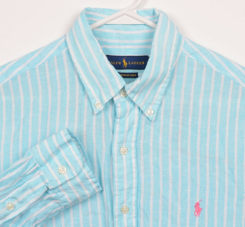 Polo Ralph Lauren Men's Large Ocean Wash Linen Aqua Blue Striped Button Shirt