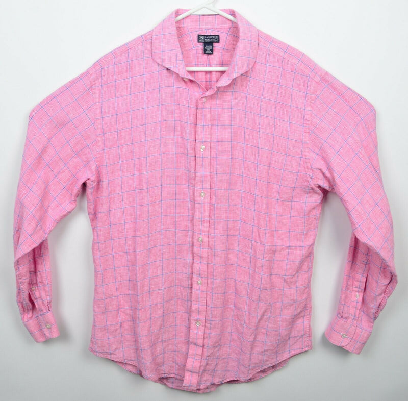 Lands End Baird McNutt Men 16.5-35 Tailored (Large) Pink Plaid Irish Linen Shirt