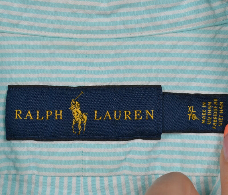 Polo Ralph Lauren Men's XL Seersucker Aqua Blue Striped Pony Button-Down Shirt