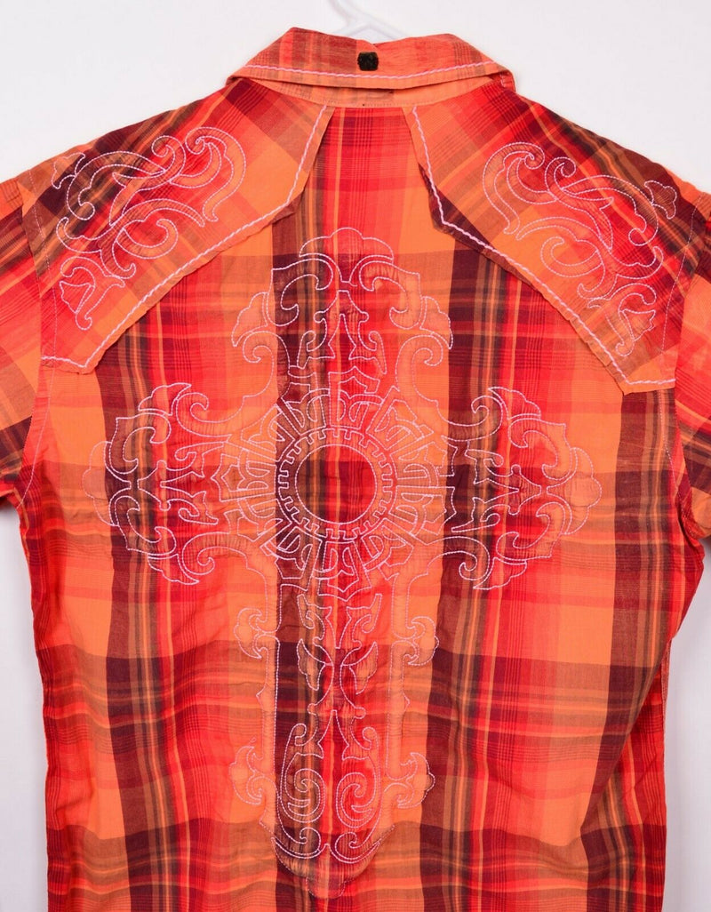 Roar Signature Men's Sz Medium Orange Plaid Cross Embossed Shirt