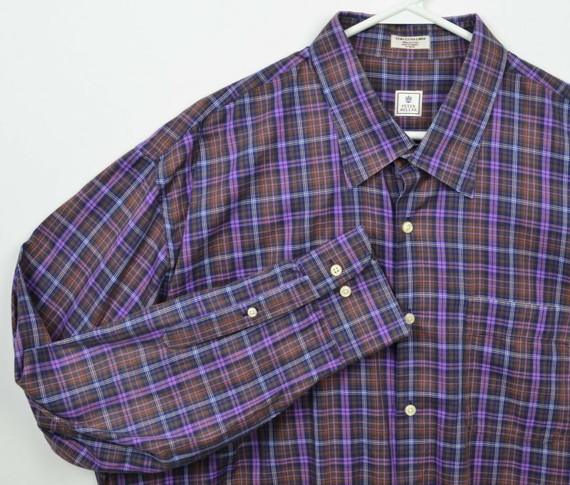 Peter Millar Men's 2XL Purple Brown Tartan Plaid Casual Button-Front Shirt