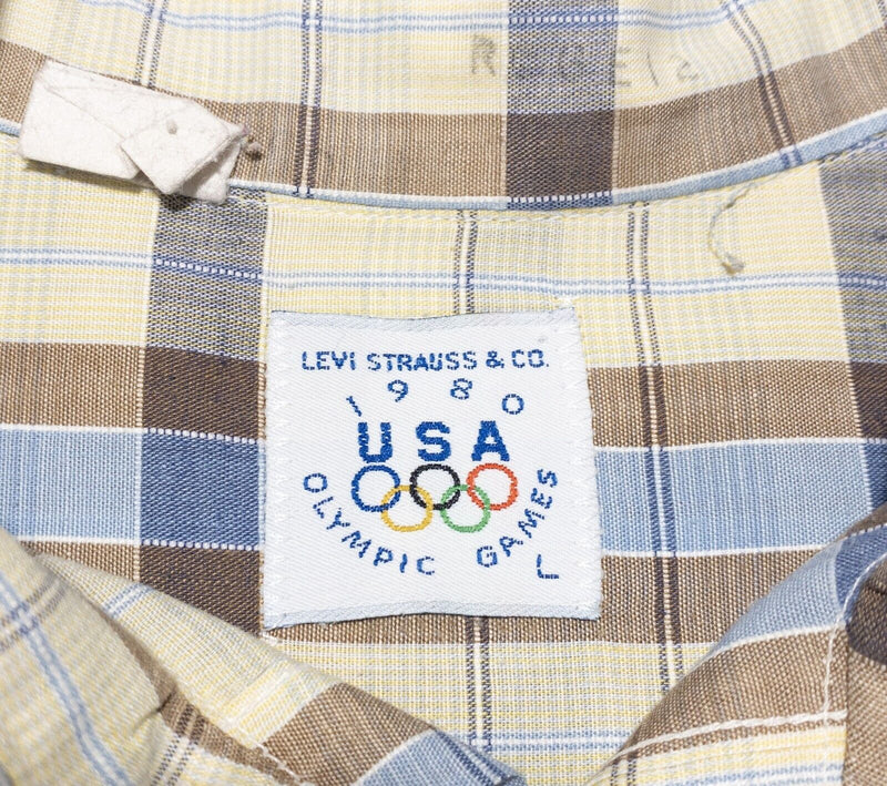 Levi's 1980 Olympics Shirt Men's Large Button-Up Plaid Long Sleeve Yellow Blue