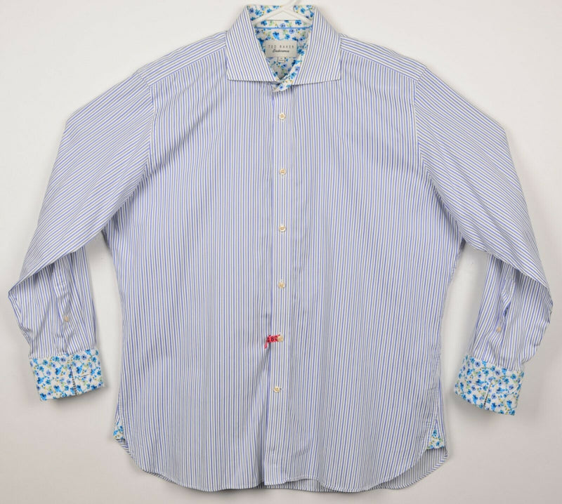 Ted Baker Endurance Men's 17 32/33 French Cuff Floral Blue Striped Dress Shirt