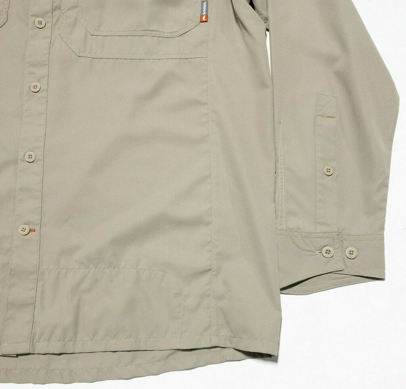 Simms Fishing Vented Button-Front Shirt Wicking Solid Khaki Brown Men's Large