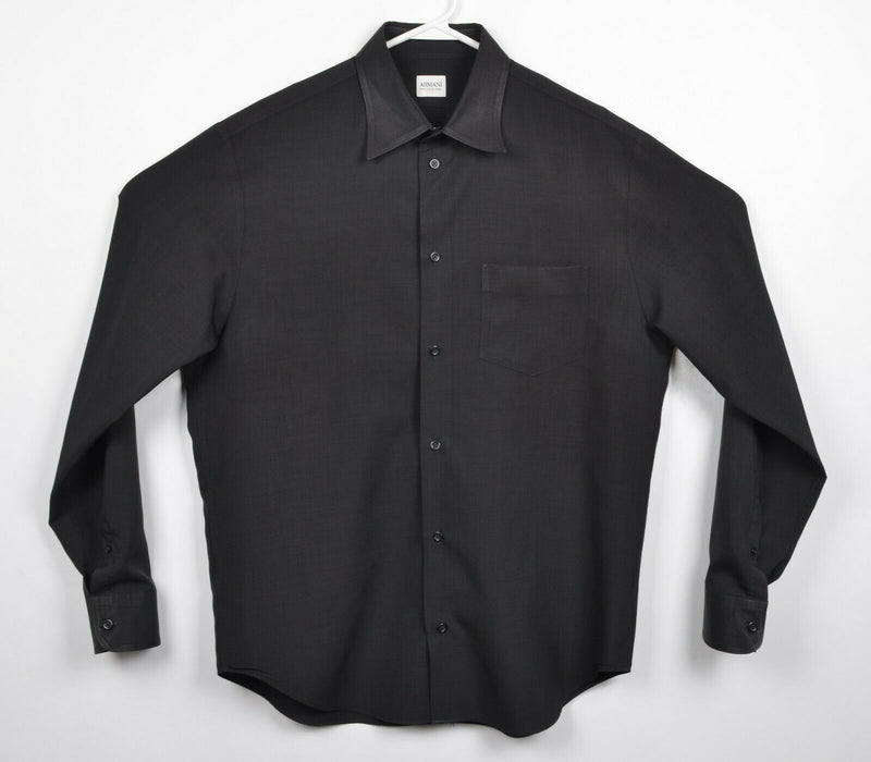 Armani Collezioni Men's Large Solid Black Polyester Dress Button-Front Shirt
