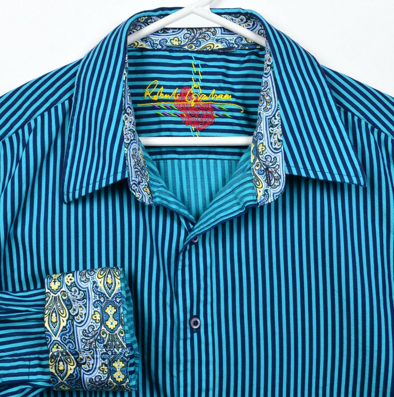 Robert Graham Men's 2XL Flip Cuff Paisley Blue Aqua Striped Button-Front Shirt