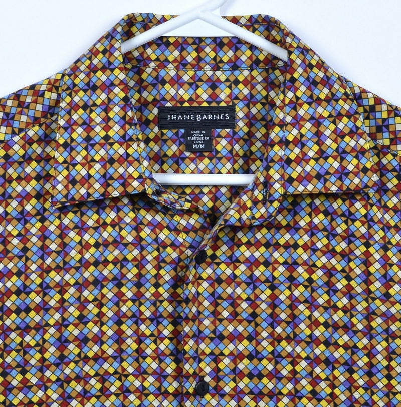 Jhane Barnes Men's Medium 100% Silk Colorful Geometric Check Party Disco Shirt