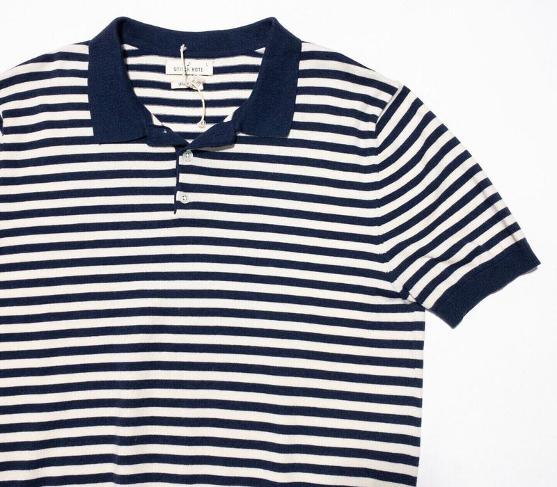 Stitch Note Woven Polo Large Men's Shirt Navy Blue White Striped Short Sleeve