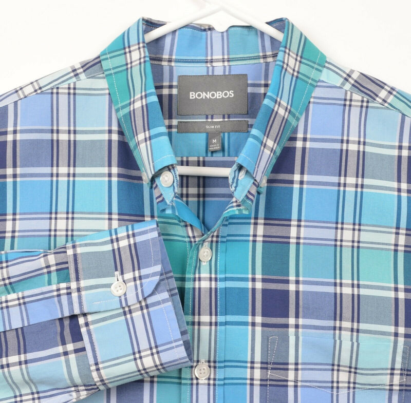 Bonobos Men's Sz Medium Slim Fit Blue Aqua Navy Plaid Button-Down Shirt