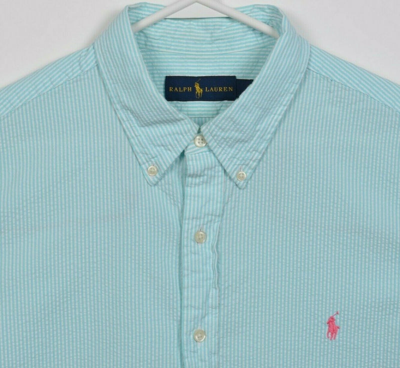 Polo Ralph Lauren Men's XL Seersucker Aqua Blue Striped Pony Button-Down Shirt