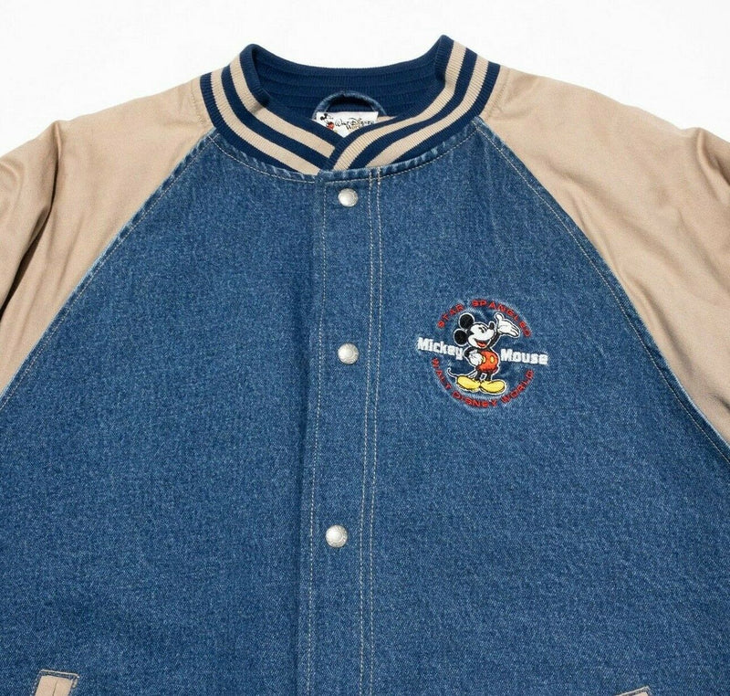 Disney Denim Jacket Vintage Bomber Adult Large Snap Mickey Mouse USA Varsity