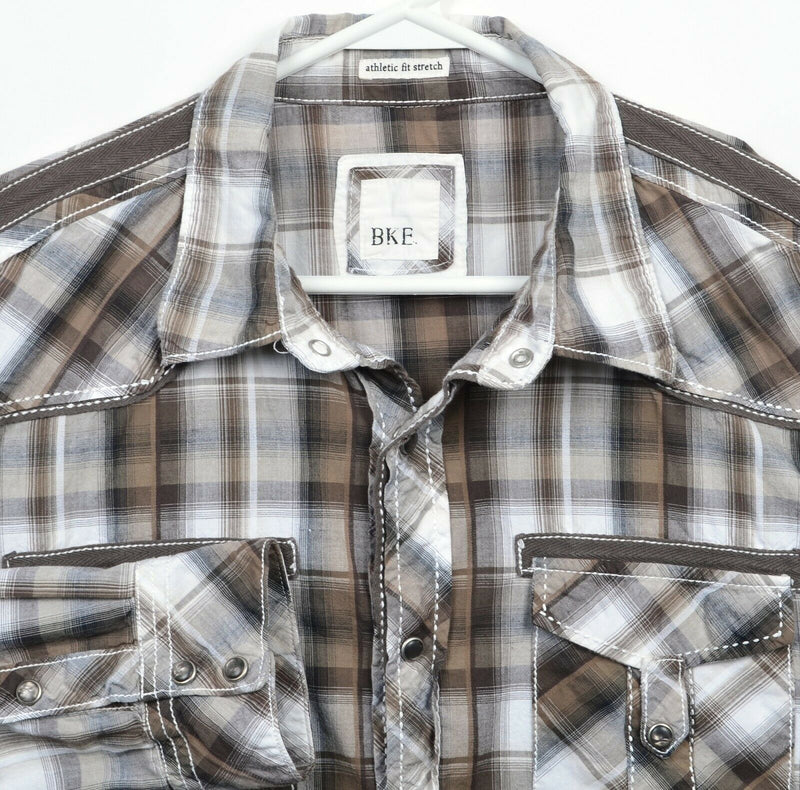 BKE Buckle Men's Large Athletic Fit Stretch Pearl Snap Brown Plaid Western Shirt