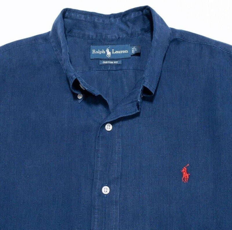 Polo Ralph Lauren Linen Shirt Large Men's Vintage 90s Navy Blue Button-Down Pony