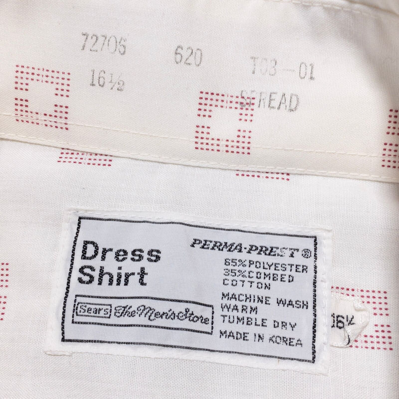 Vintage Sears 70s Disco Shirt Men's 16.5 (Large) Dagger Collar White Geometric