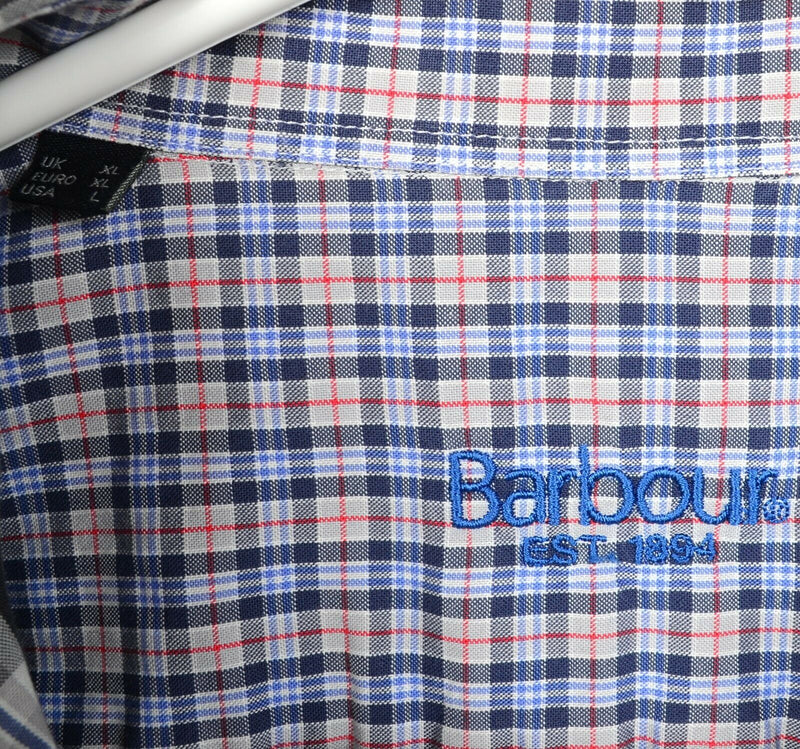 Barbour Men's Large Gray Blue Plaid Crest Logo Button-Down Shirt