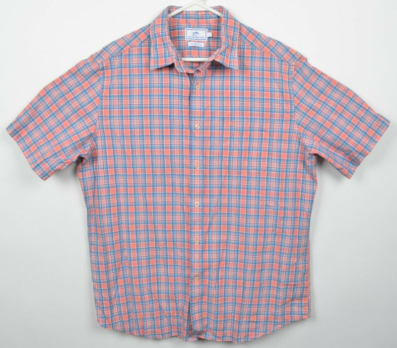 Southern Tide Men's Large Peach Pink Blue Plaid Linen Blend Button-Front Shirt