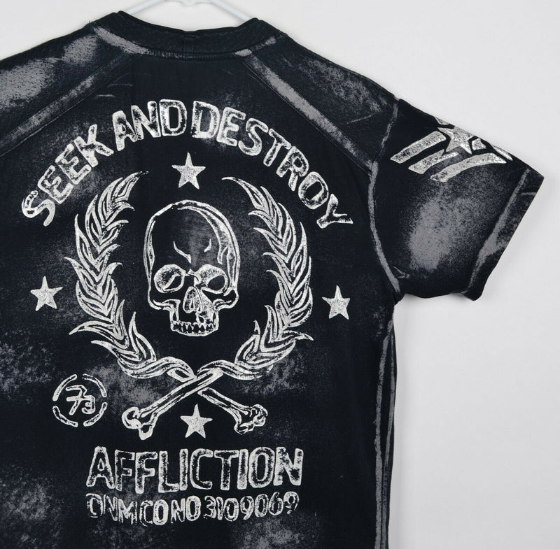 Affliction Men's Sz Medium Skull Seek and Destroy Distressed Henley T-Shirt