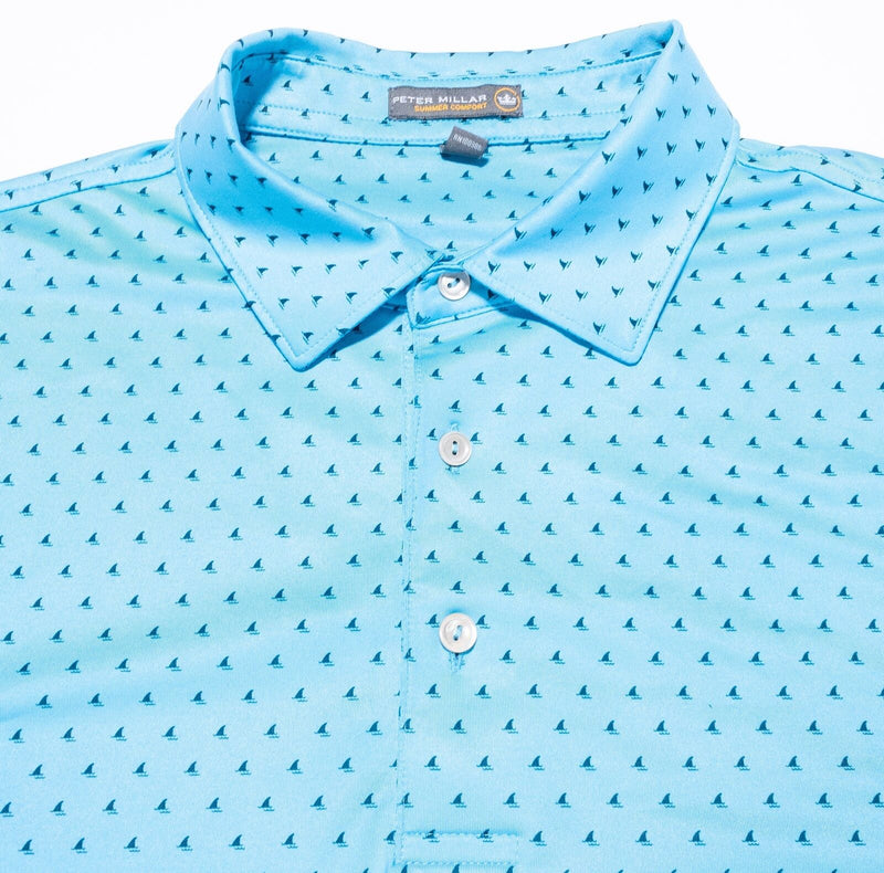 Peter Millar Summer Comfort Shark Pattern Polo Large Men Shirt Blue Wicking Golf
