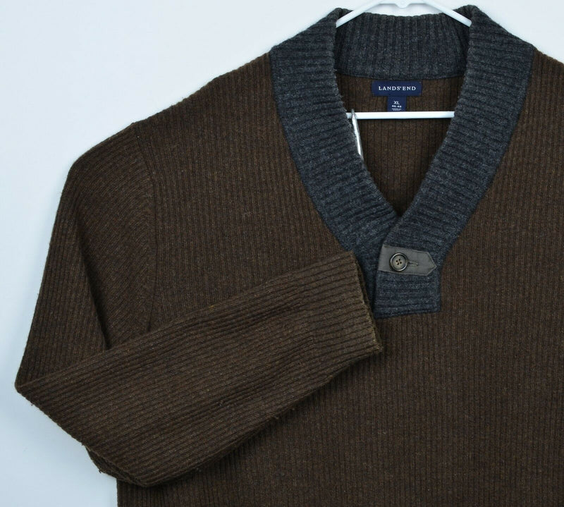Lands' End Men's XL (46-48) Merino Wool Blend Brown Ribbed Knit Pullover Sweater