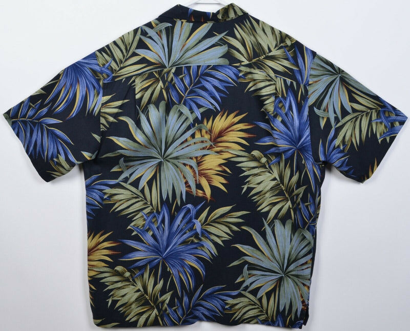 Tommy Bahama Men's Large Silk Blend Floral Palm Black Green Hawaiian Aloha Shirt