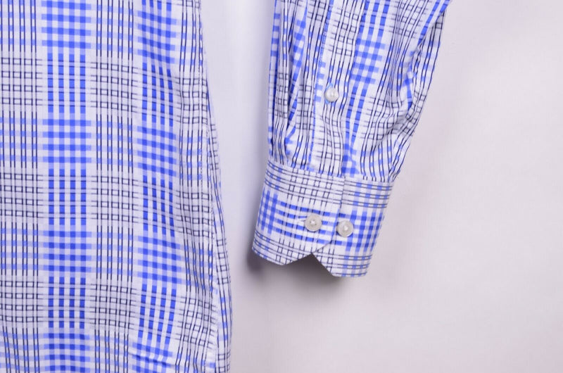 Tailorbyrd Men's Sz Large Flip Cuff Blue White Plaid Striped Long Sleeve Shirt
